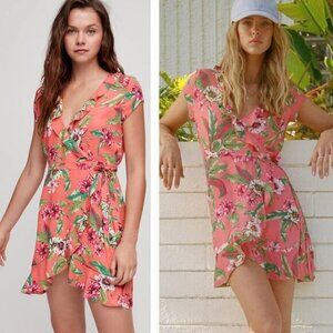 SUNDAY BEST Aritzia Savoy Ruffle Floral Wrap Dress Size 4 Coral